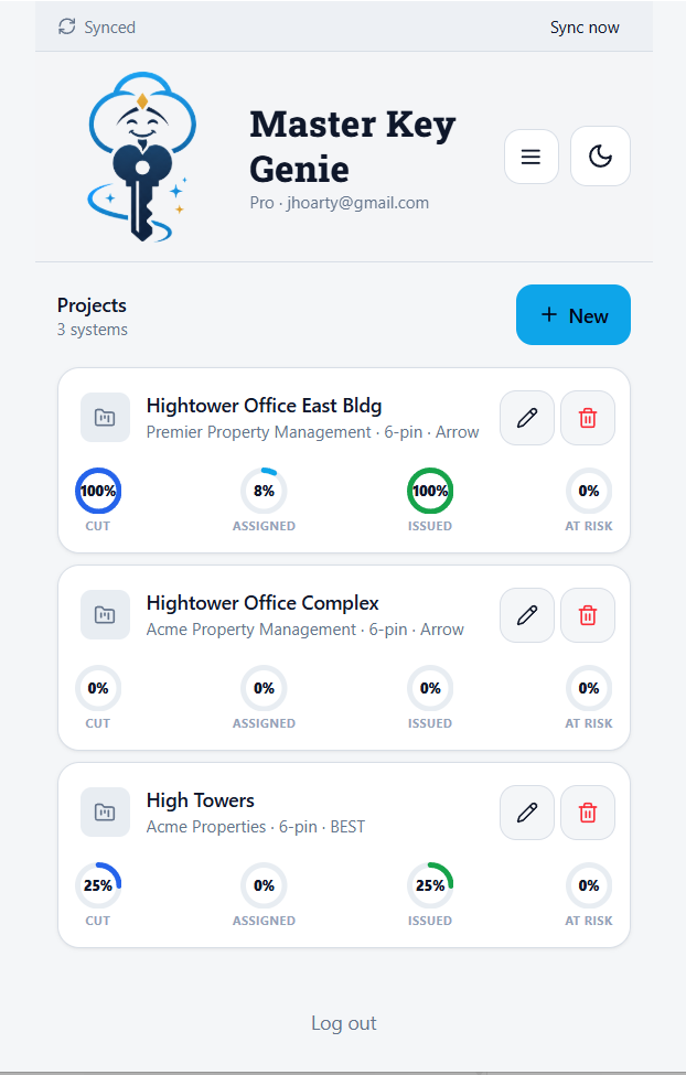 Master Key Genie projects list with sync status